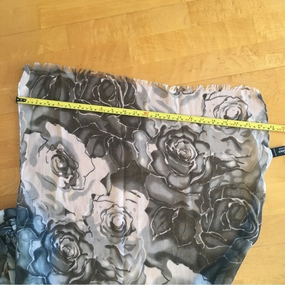 Torino Floral Semi-Sheer Scarf, Eyelash Trim, Green, Black, NWT
